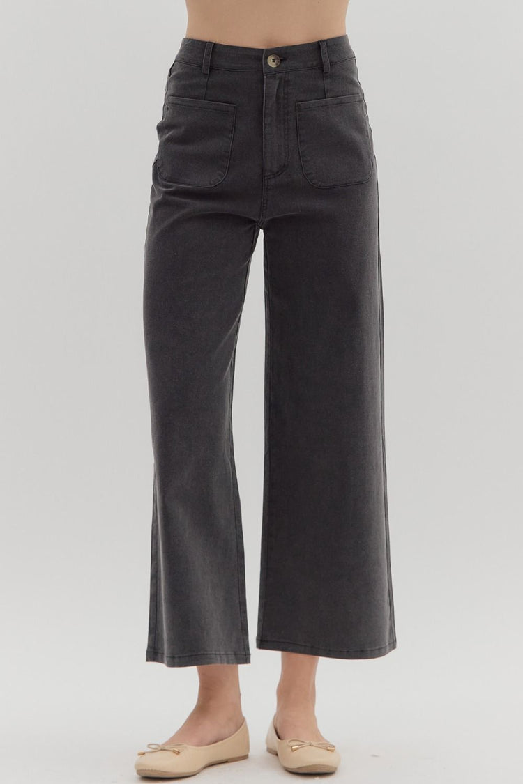 Solid high waisted wide leg ankle length pants