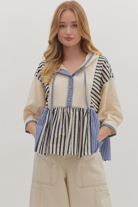 Striped 3/4 Sleeve Peplum Hoodie Top
