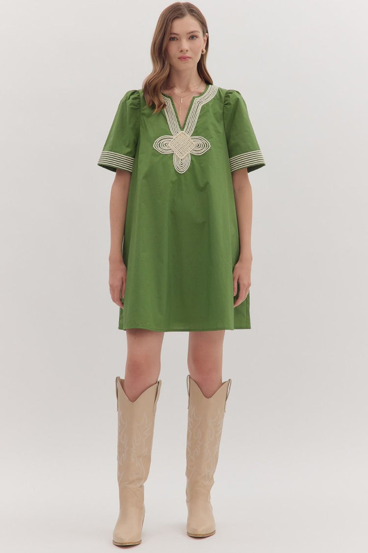 Amazon Solid Short Sleeve Mini Dress with Embroidered Trim