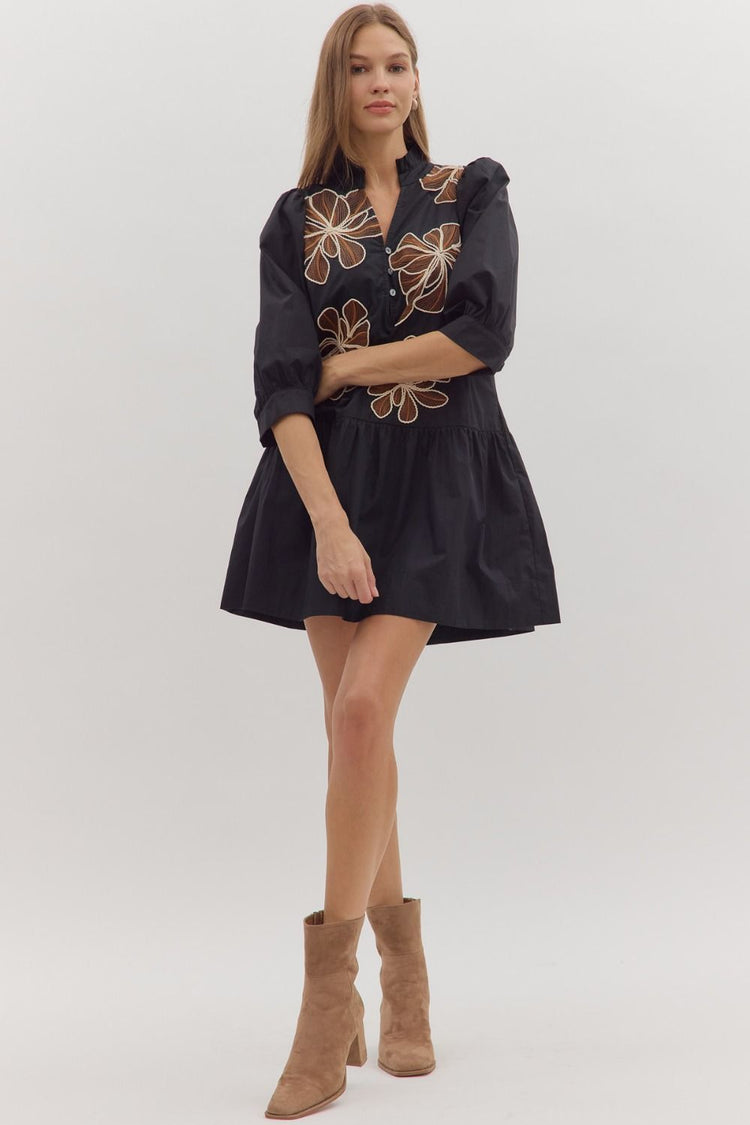Floral Embroidered 3/4 Sleeve Mini Dress