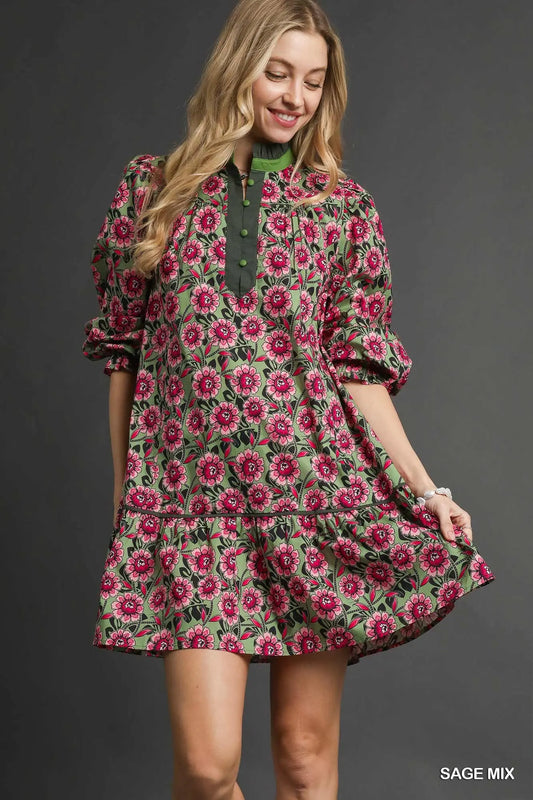 Floral Print Tiered Mini Green and Pink Dress
