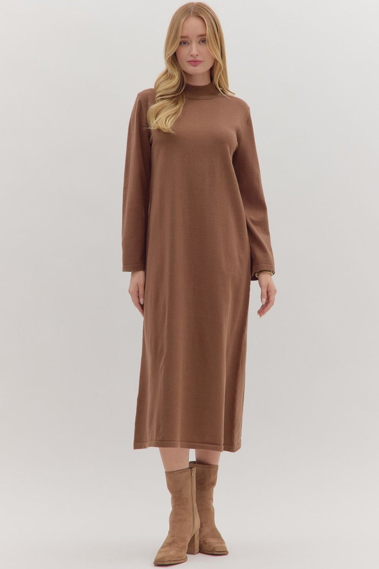Brown Solid Mock Neck Long Sleeve Midi Dress