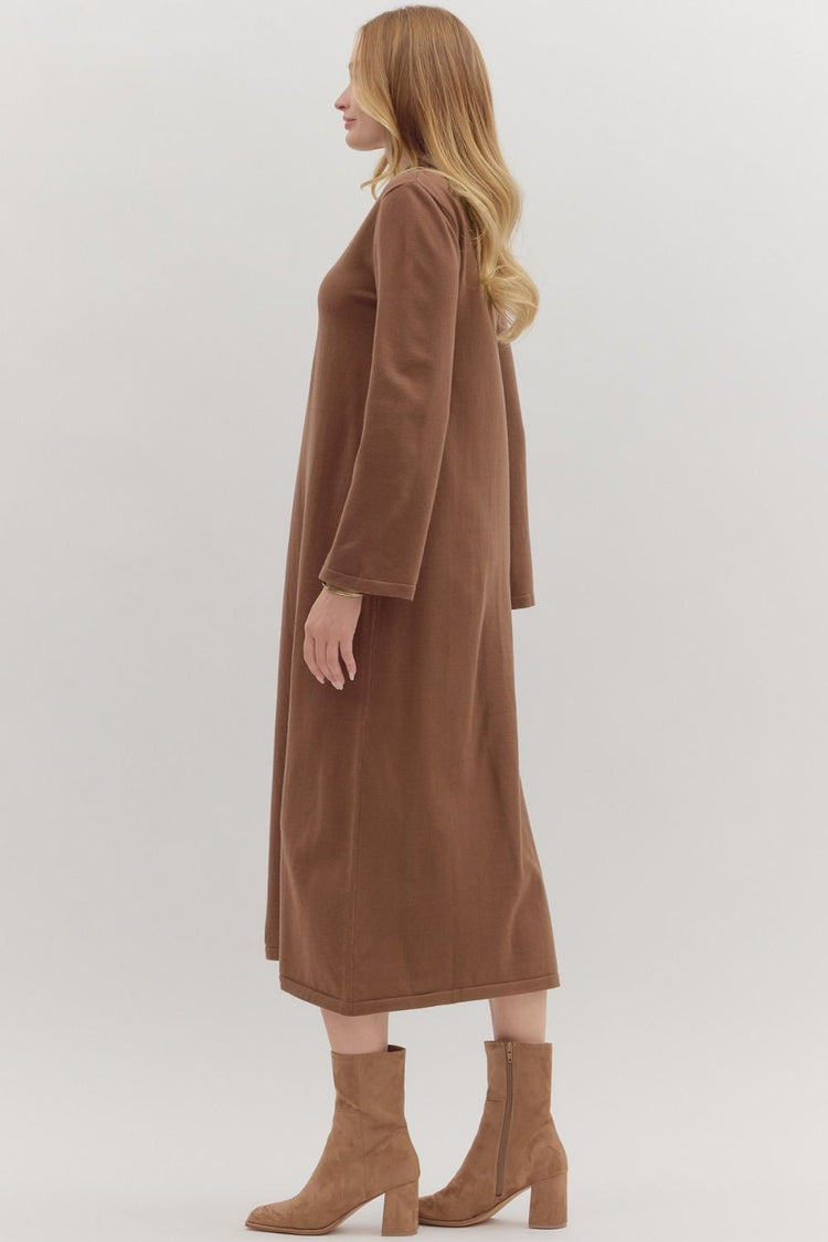 Brown Solid Mock Neck Long Sleeve Midi Dress