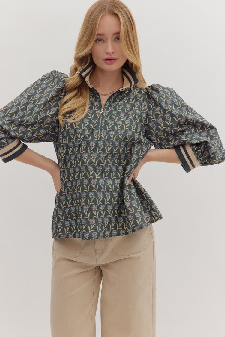 Floral Print 3/4 Puff Sleeve Top with Zipper Top