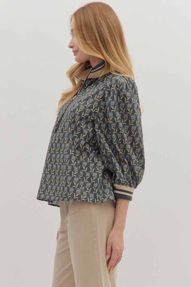 Floral Print 3/4 Puff Sleeve Top with Zipper Top