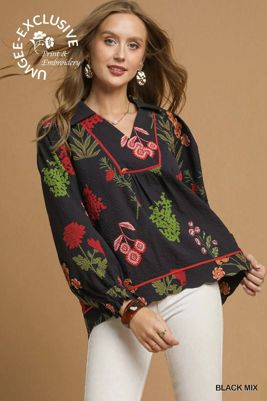 Scalloped Floral Print Textured Fabric Top