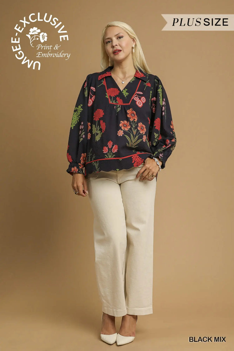 Scalloped Floral Print Textured Fabric Top