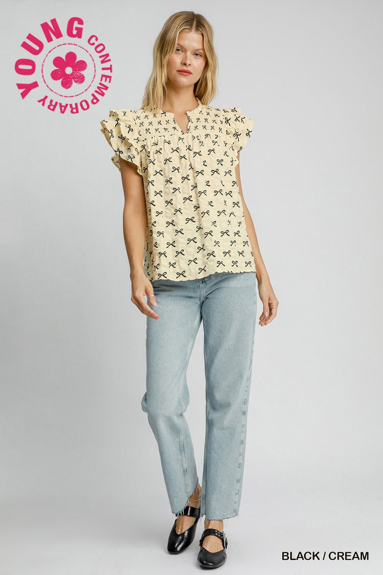 Bow Detail Smocked Ruffle Sleeve Top