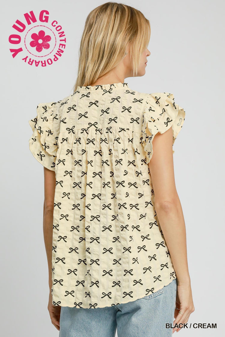 Bow Detail Smocked Ruffle Sleeve Top