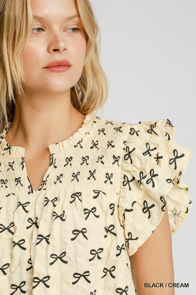 Bow Detail Smocked Ruffle Sleeve Top