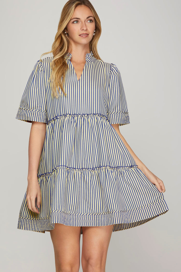 SHORT SLEEVE WOVEN STRIPED TIERED MINI DRESS WITH HEM STITCHING DETAIL AND POCKETS