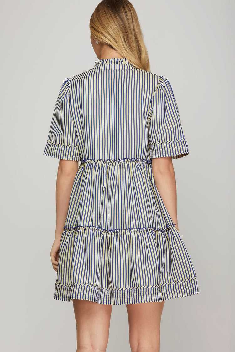 SHORT SLEEVE WOVEN STRIPED TIERED MINI DRESS WITH HEM STITCHING DETAIL AND POCKETS