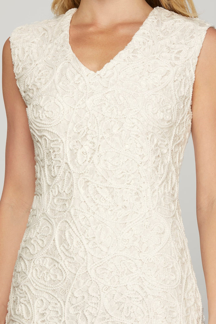 SLEEVELESS SHOULDER PAD V NECK LACE MINI DRESS WITH PLEATED SKIRT HEM AND FULL LINING