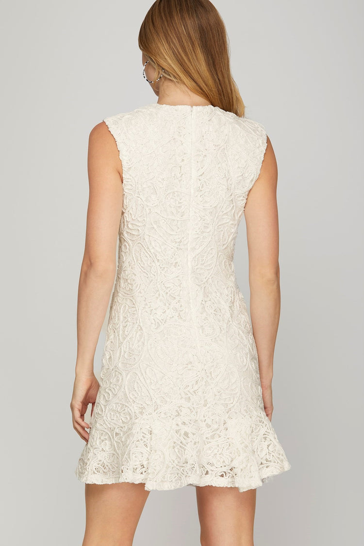 SLEEVELESS SHOULDER PAD V NECK LACE MINI DRESS WITH PLEATED SKIRT HEM AND FULL LINING