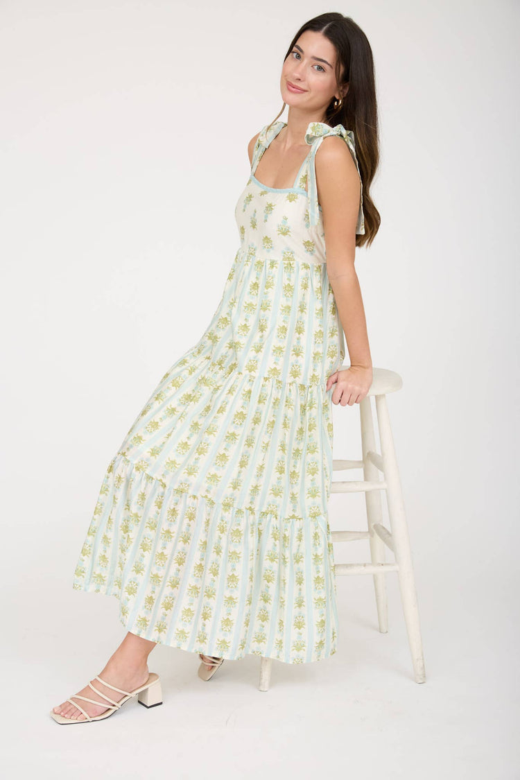 STRIPE FLORAL CONTRAST SLEEVELESS MIDI DRESS: SAGE MULTI