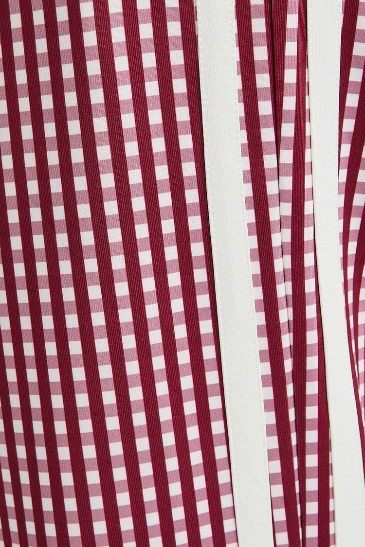 MID RISE SIDE STRIPE DETAIL TRACK PANTS: BURGUNDY-WHITE PLAID
