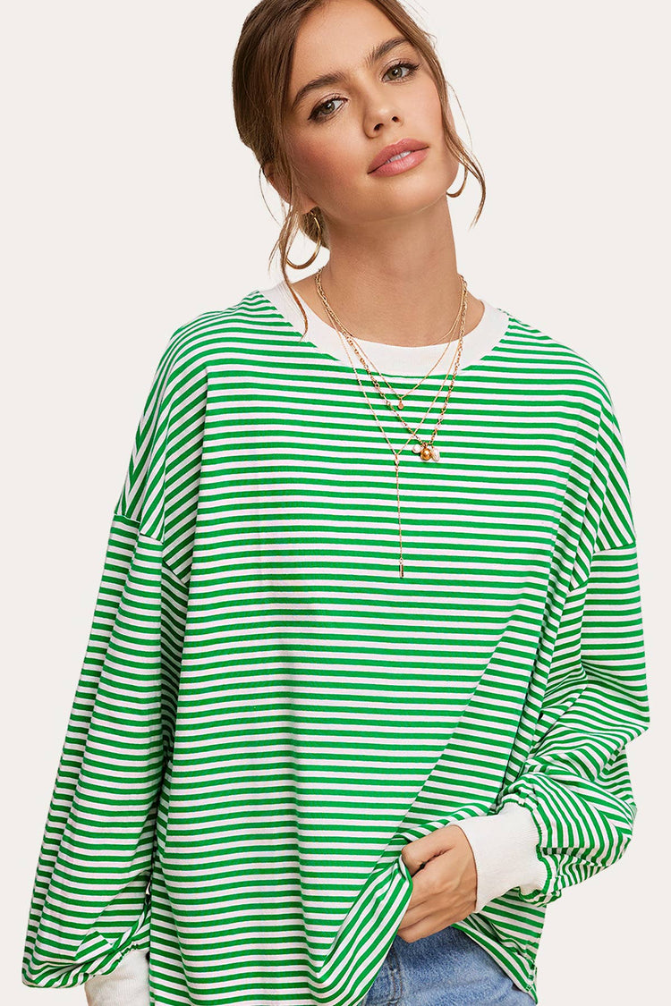 GREEN Oversized Striped Long Sleeve Pullover Top