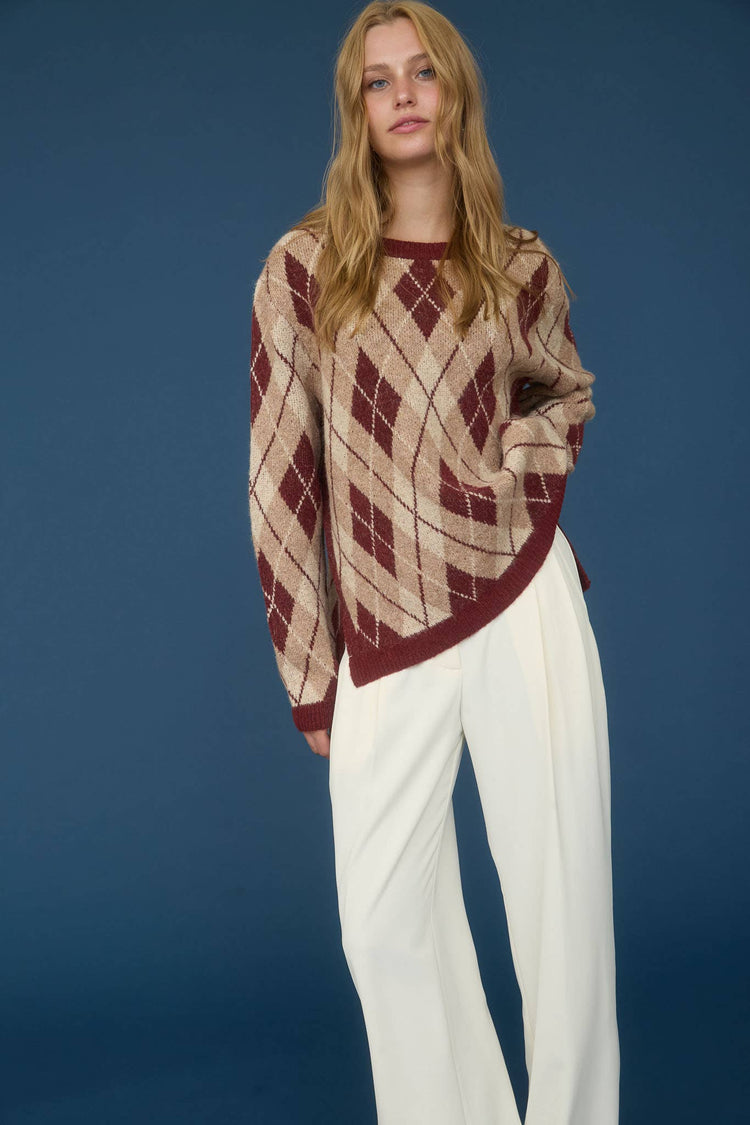 ARGYLE PATTERN CREW NECK LONG SLEEVE KNIT SWEATER