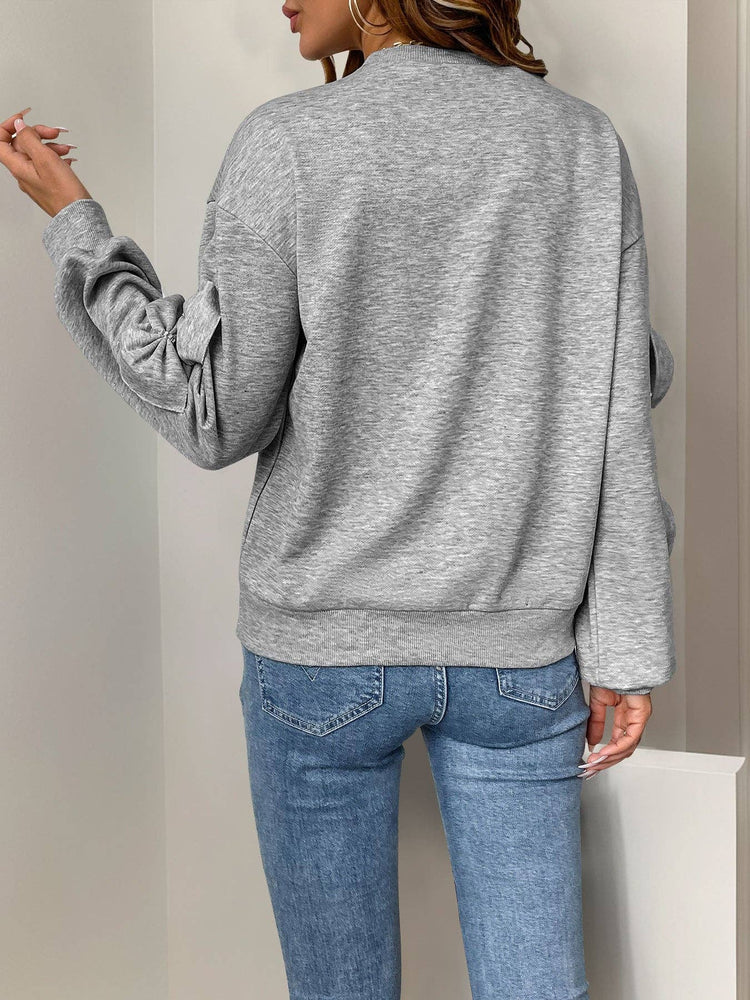 Casual Sweatshirt Crew Neck Bow Patchwork Gray Long Sleeve Tops