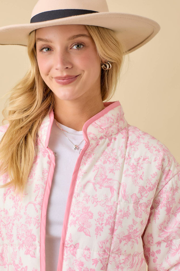 Vintage Print Quilted Padded Jacket With Binding Detail