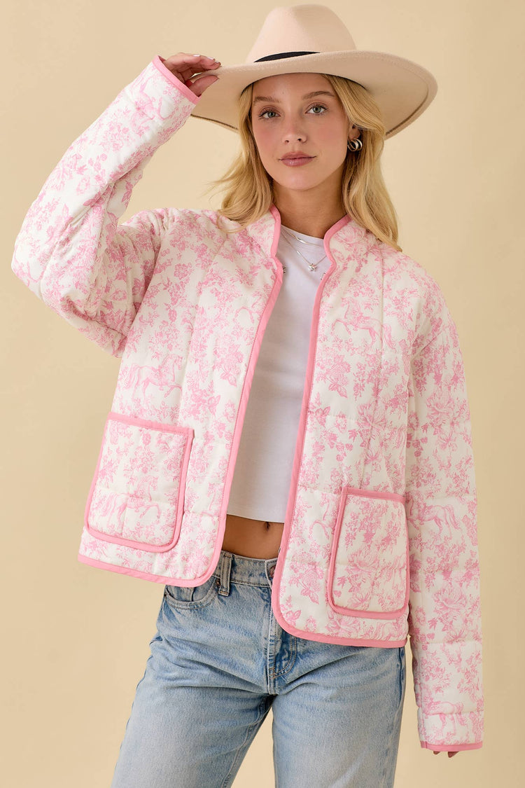 Vintage Print Quilted Padded Jacket With Binding Detail