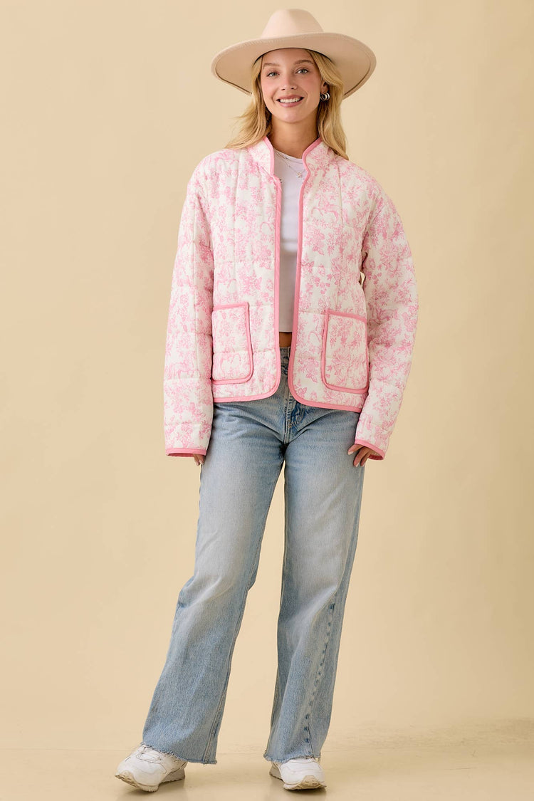 Vintage Print Quilted Padded Jacket With Binding Detail