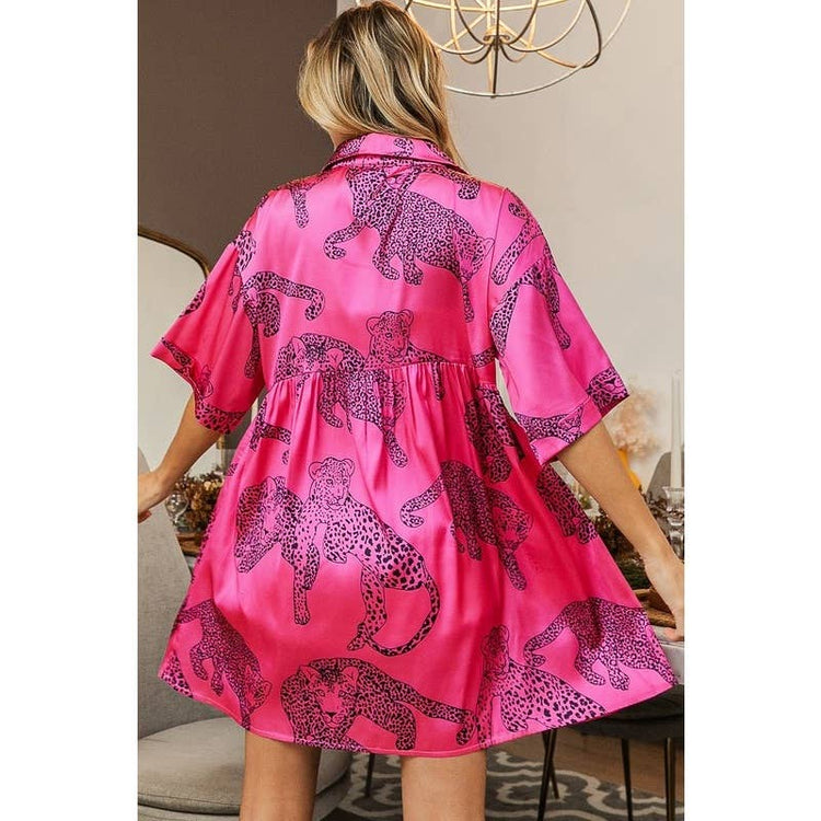 LEOPARD PATTERN SHORT SLEEVE SATIN DRESS: FUCHSIA
