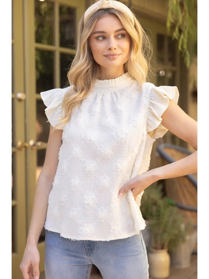 High Ruffled Neck Floral Lace Accent Top
