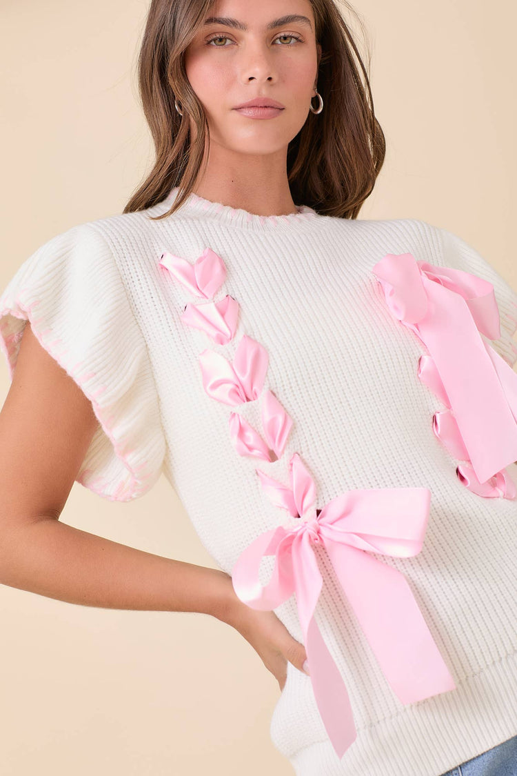Ribbon Detail Flutter Sleeve Knit Top