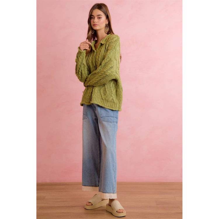 CROCHET LACE TRIM RELAXED STRAIGHT WIDE LEG DEMIN JEANS