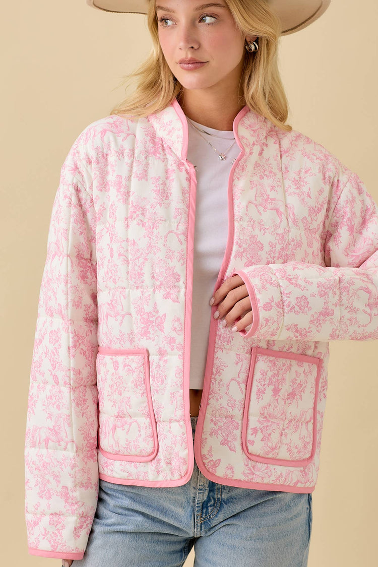 Vintage Print Quilted Padded Jacket With Binding Detail