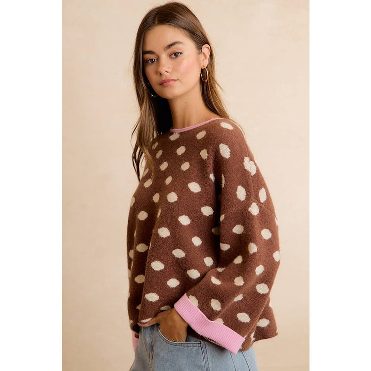 CONTRAST NECK AND ROLL UP DETAIL POLKA DOT SWEATER: MOCHA/BLUSH