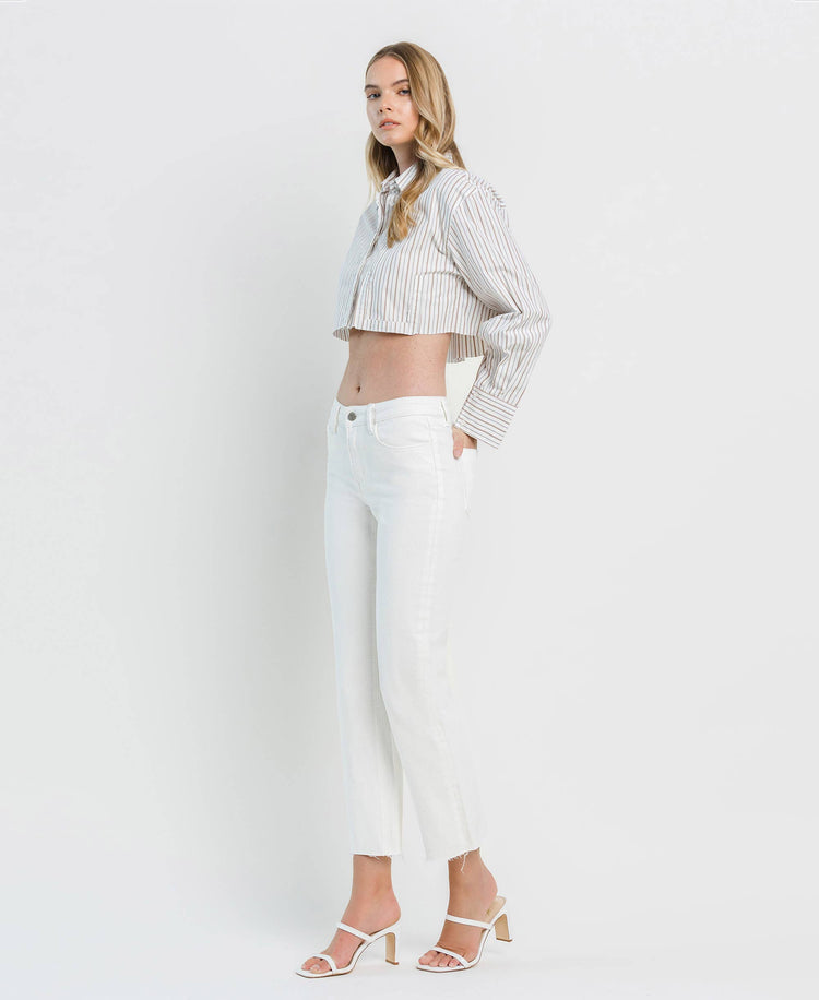 MID RISE CLEAN CUT RAW HEM CROP STRAIGHT JEANS WHITE