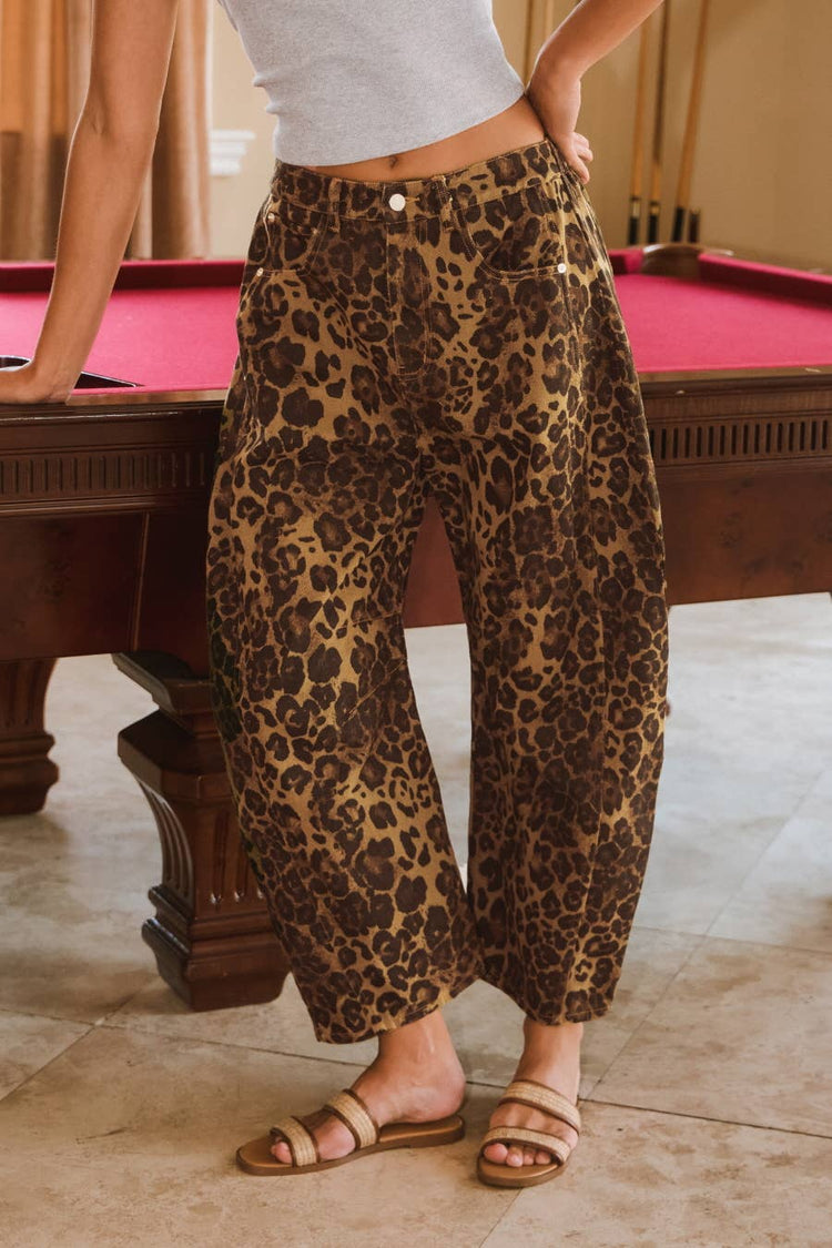 Washed Leopard Printed Barrel Jean