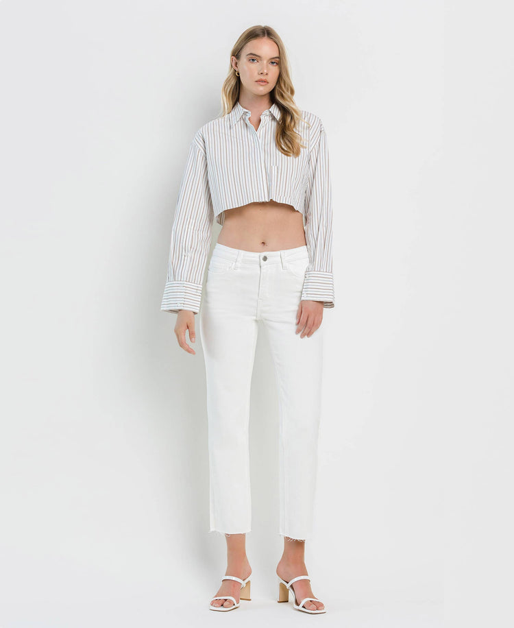 MID RISE CLEAN CUT RAW HEM CROP STRAIGHT JEANS WHITE