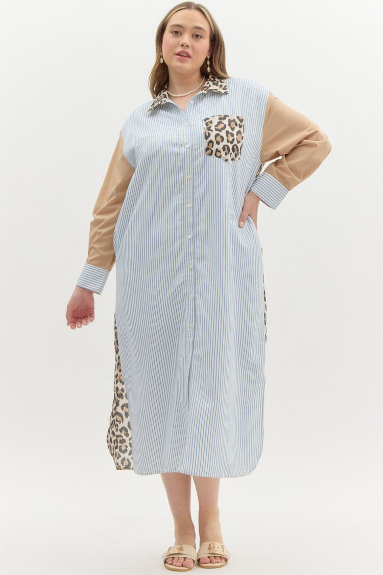 Multi print mix pattern classic long sleeve midi shirt dress