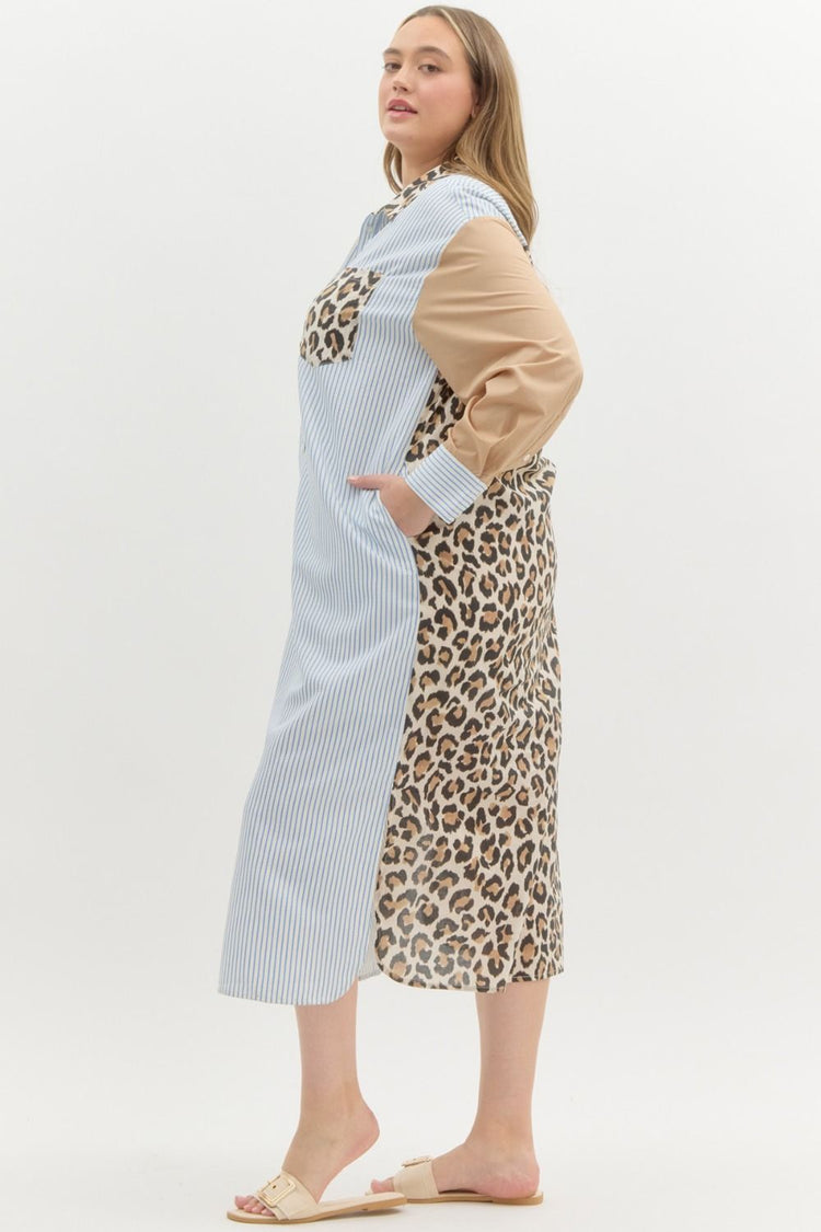 Multi print mix pattern classic long sleeve midi shirt dress