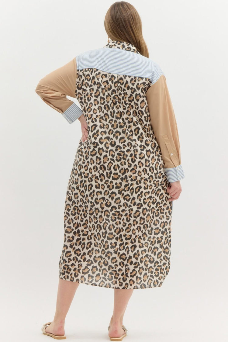 Multi print mix pattern classic long sleeve midi shirt dress