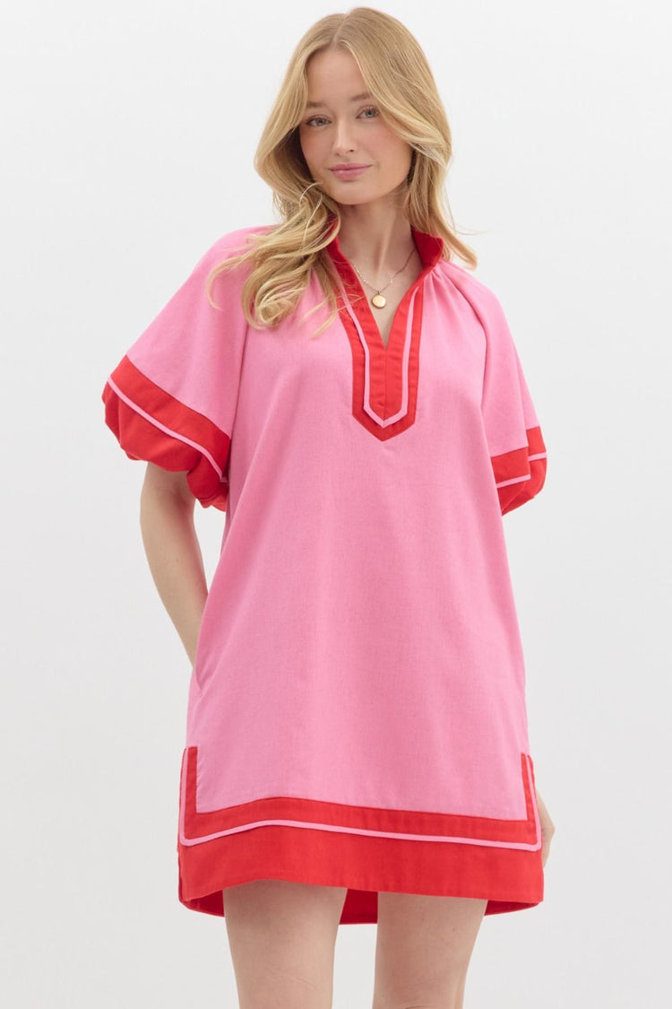 Solid contrast accented short lantern sleeves pullover mini dress