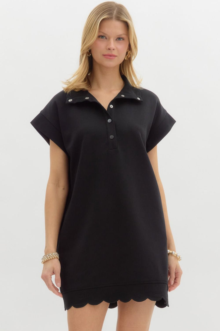 Scalloped Black Jersey Knit Dress