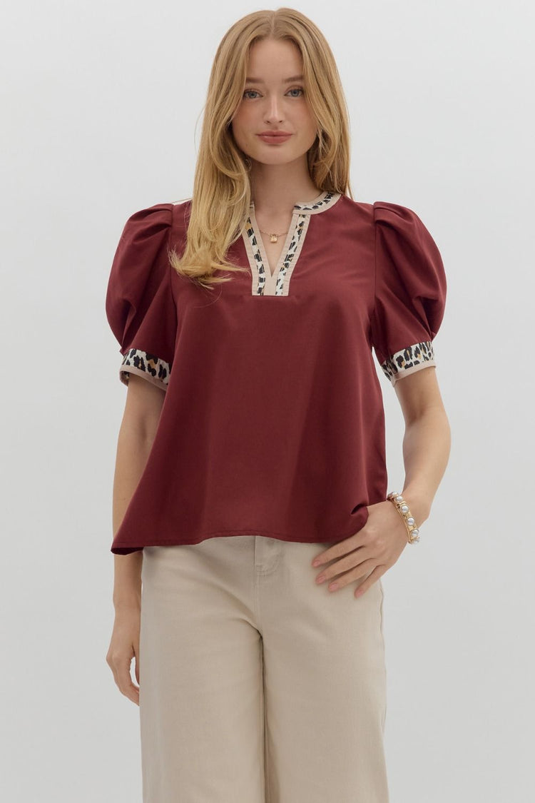 Maroon Solid pleated short voluminous sleeve pullover top featuring accent V-neck band