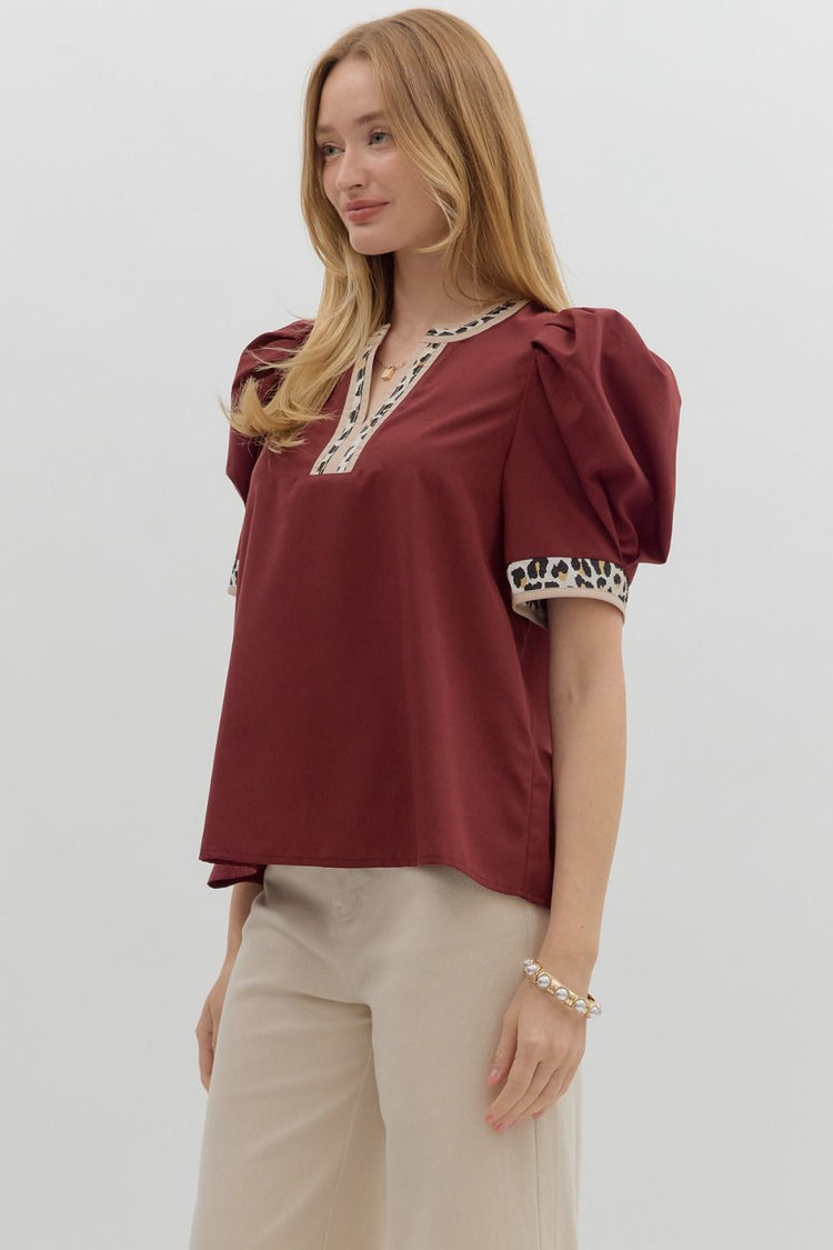 Maroon Solid pleated short voluminous sleeve pullover top featuring accent V-neck band