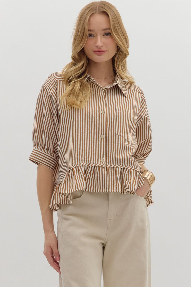 Stripe pattern cuff band ¾ sleeve ruffle hem button front closure top