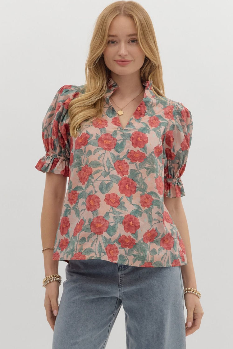 Rose Floral pattern short puff sleeve top PLUS