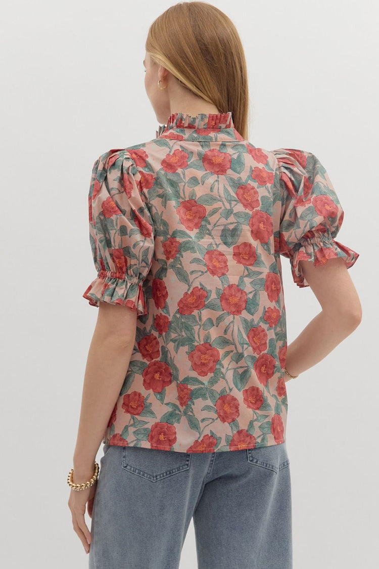Rose Floral pattern short puff sleeve top PLUS