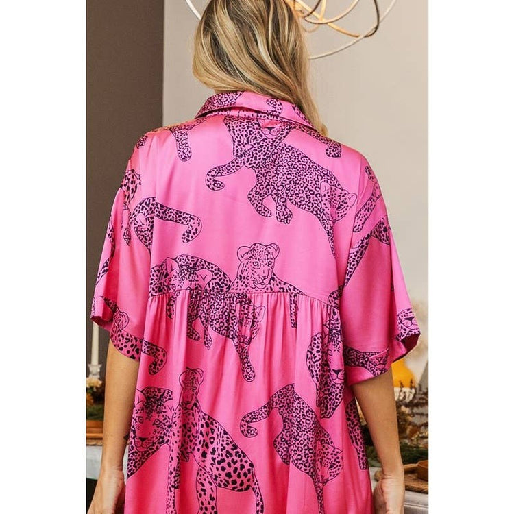 LEOPARD PATTERN SHORT SLEEVE SATIN DRESS: FUCHSIA