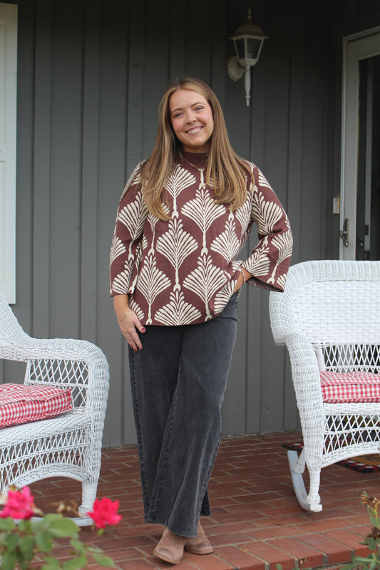 Abstract Print Mock Neck Sweater