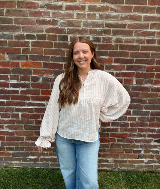 Striped Button Down Dolman Long Sleeve Top