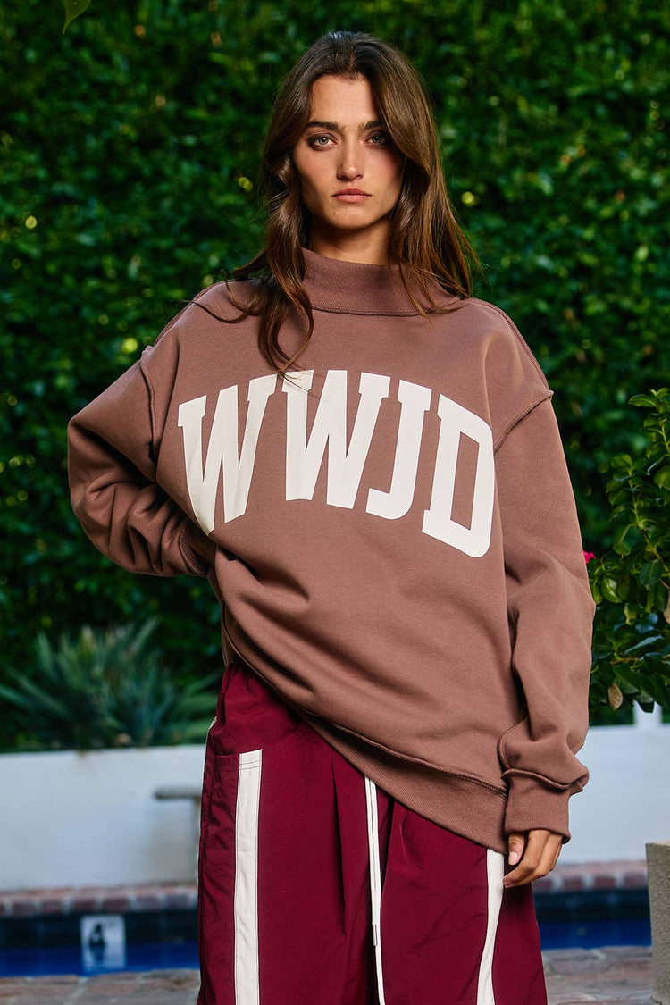 WWJD 'WWJD & AMEN' Reversible Mock Neck Sweatshirt: BROWN/CREAM