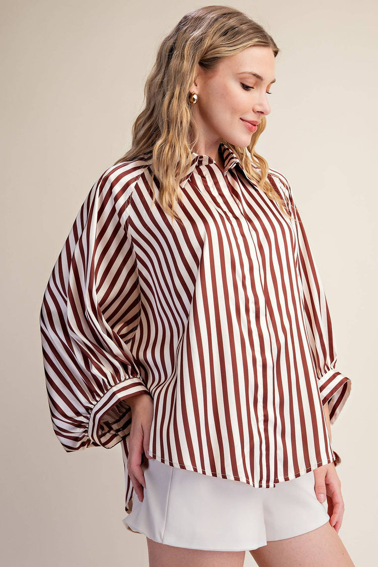 Stripe Wide Puff Sleeve Button down Shirt